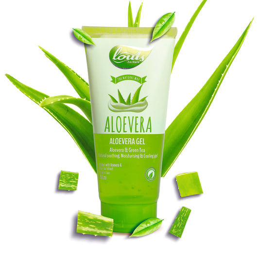 Louis Herbals Aloe Vera Gel Tube 150ml with aloe vera, chamomile extract, and green tea extract for soothing and hydrating skin