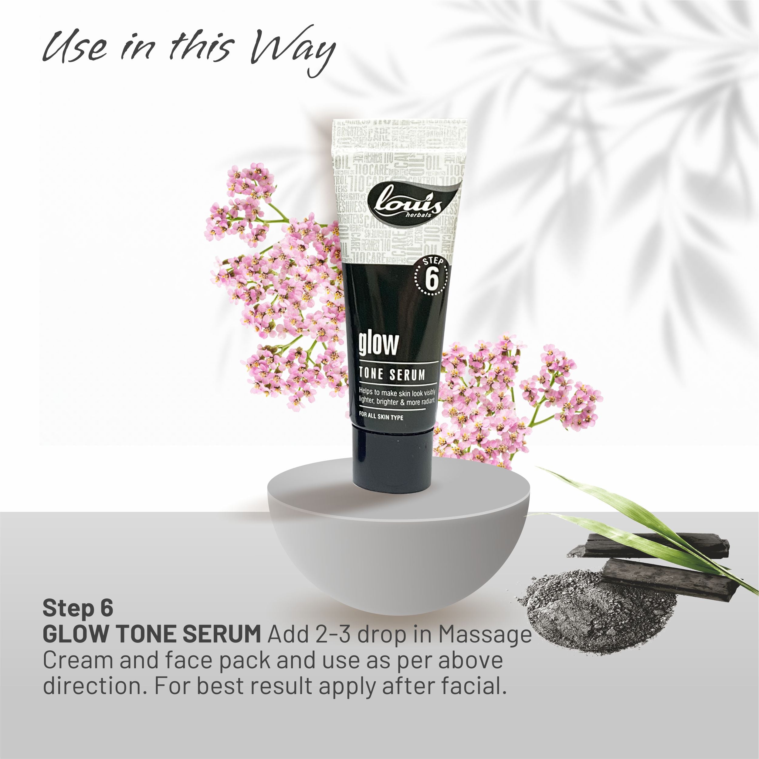 Louis Herbals herbal charcoal facial kit Apply thin layer of charcoal serum to hydrate and lock in freshness