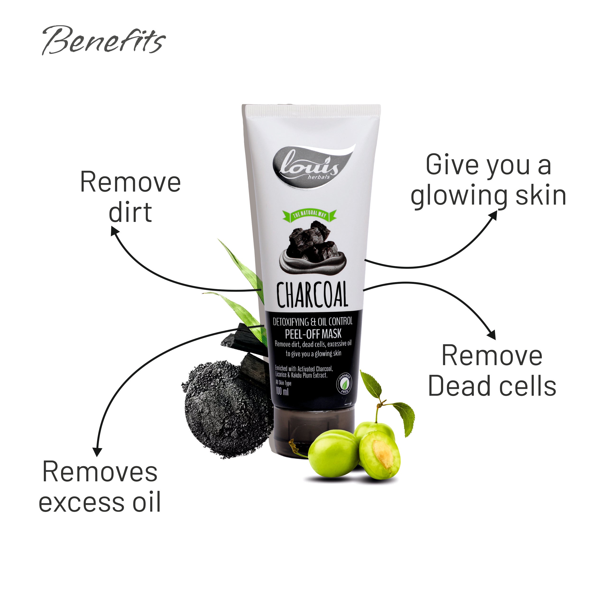 Louis Herbals Charcoal Peel-Off Mask showing reduced oiliness, blackheads removal, and glowing skin