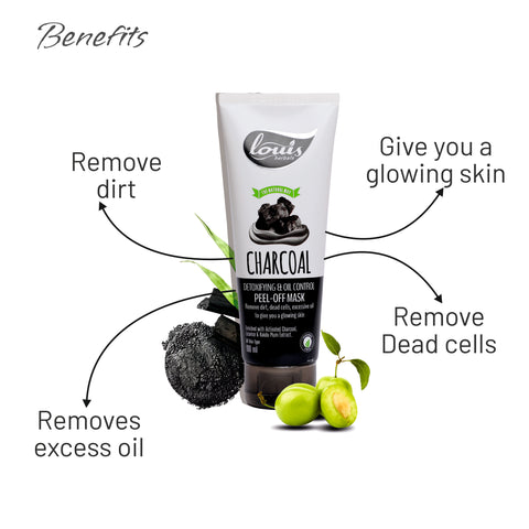Louis Herbals Charcoal Peel-Off Mask showing reduced oiliness, blackheads removal, and glowing skin