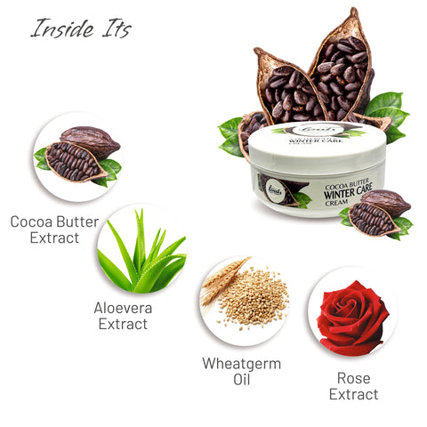 Cocoa Butter Winter Care Cream s enriched with Cocoa butter, Aloe Vera Extract, Wheatgerm oil, and Rose extract which helps to moisturize the skin, fights against skin aging, reduces infection