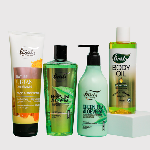 Louis Herbals Daily Essential Bodycare Combo – Natural Ubtan Face & Body Scrub, Green Tea Aloe Vera Body Wash, Deep Hydration Body Lotion & Brightening Body Oil