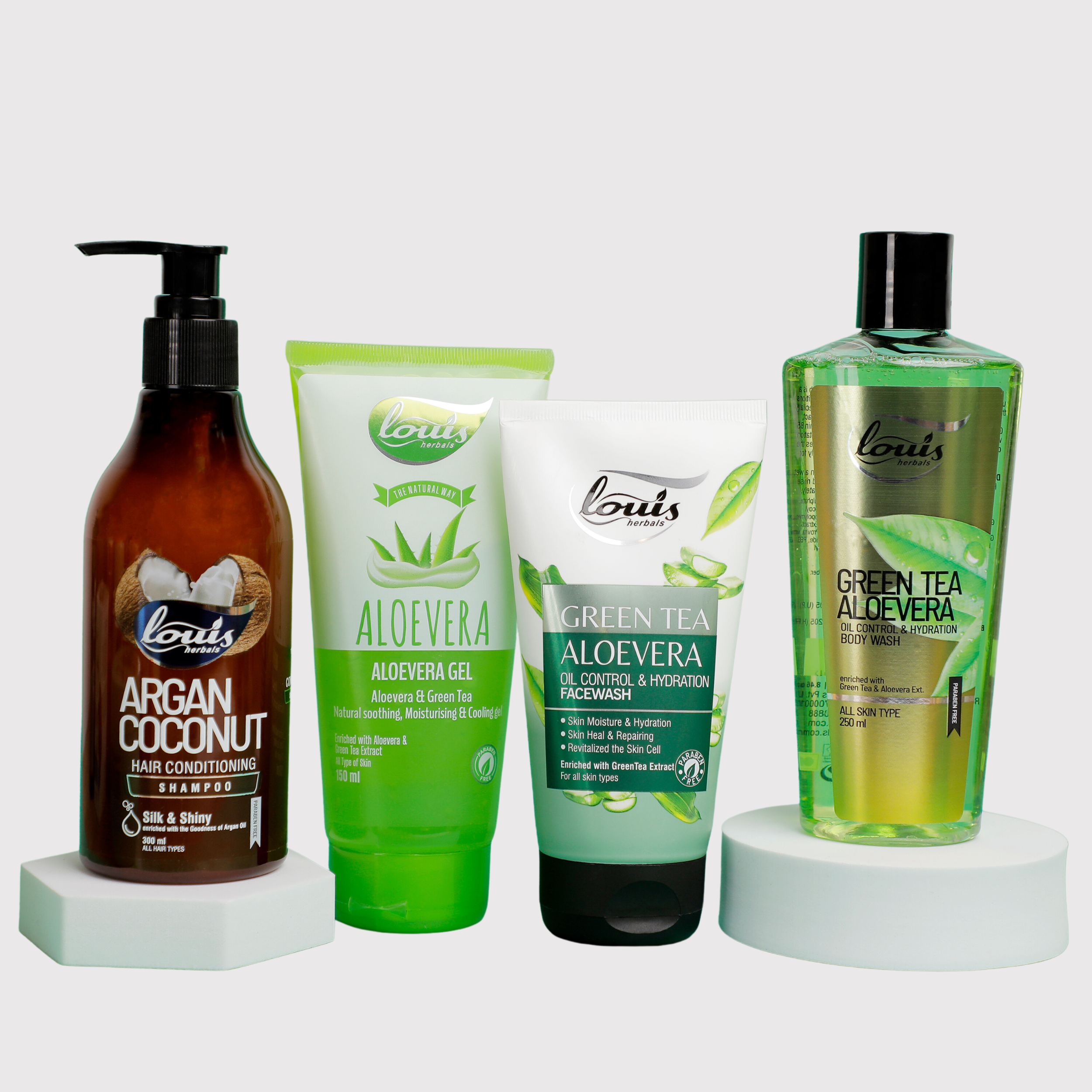 A set of Four bottles of Louis Herbals Daily Nourishing Combo – Green Tea Aloe Vera Oil Control & Hydration Body Wash, Aloevera Gel, Argan Coconut Hair Conditioning Shampoo & Green Tea Aloe Vera Oil Control & Hydration Facewash