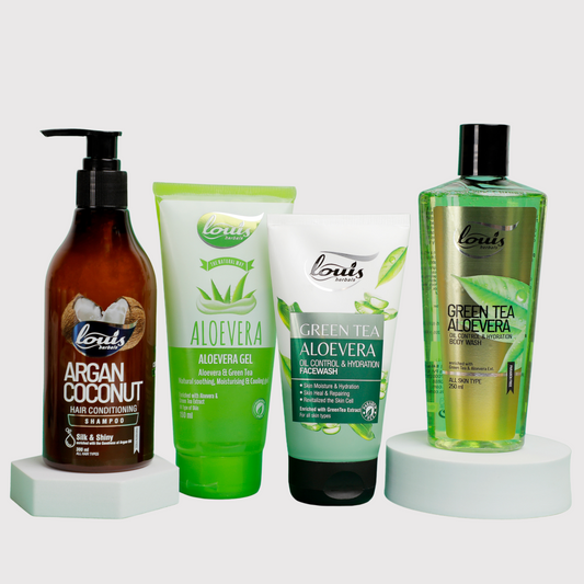 A set of Four bottles of Louis Herbals Daily Nourishing Combo – Green Tea Aloe Vera Oil Control & Hydration Body Wash, Aloevera Gel, Argan Coconut Hair Conditioning Shampoo & Green Tea Aloe Vera Oil Control & Hydration Facewash