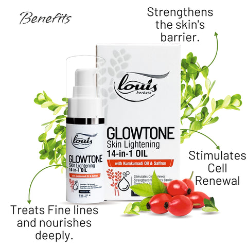Louis Herbals Glowtone Skin Lightening 14-in-1 Oil reduces the appearance of dark spots, blemishes, and hyper pigmentation.