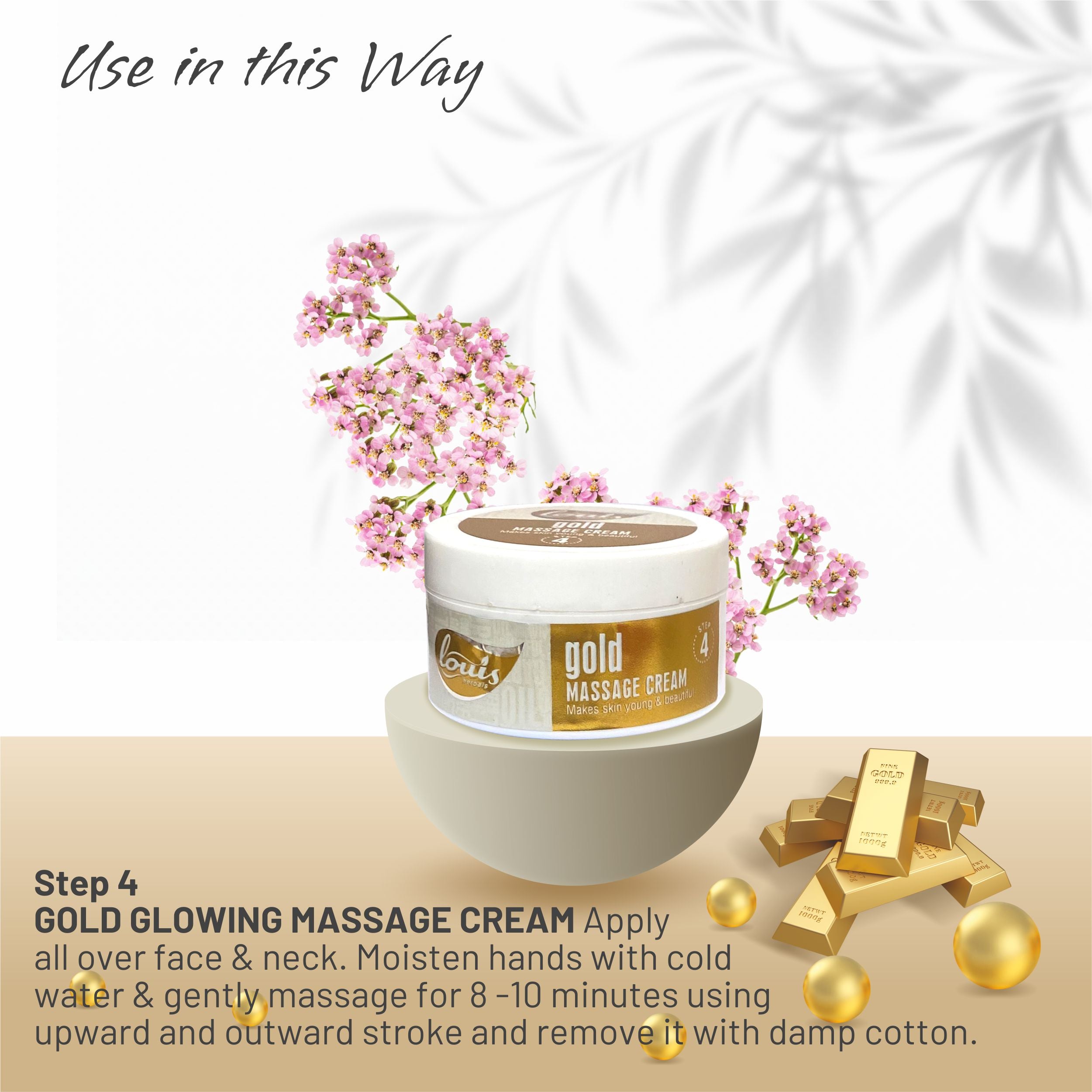 Louis Herbals Gold Facial Kit step 4 gold glowing massage cream reduces fine lines & dullness