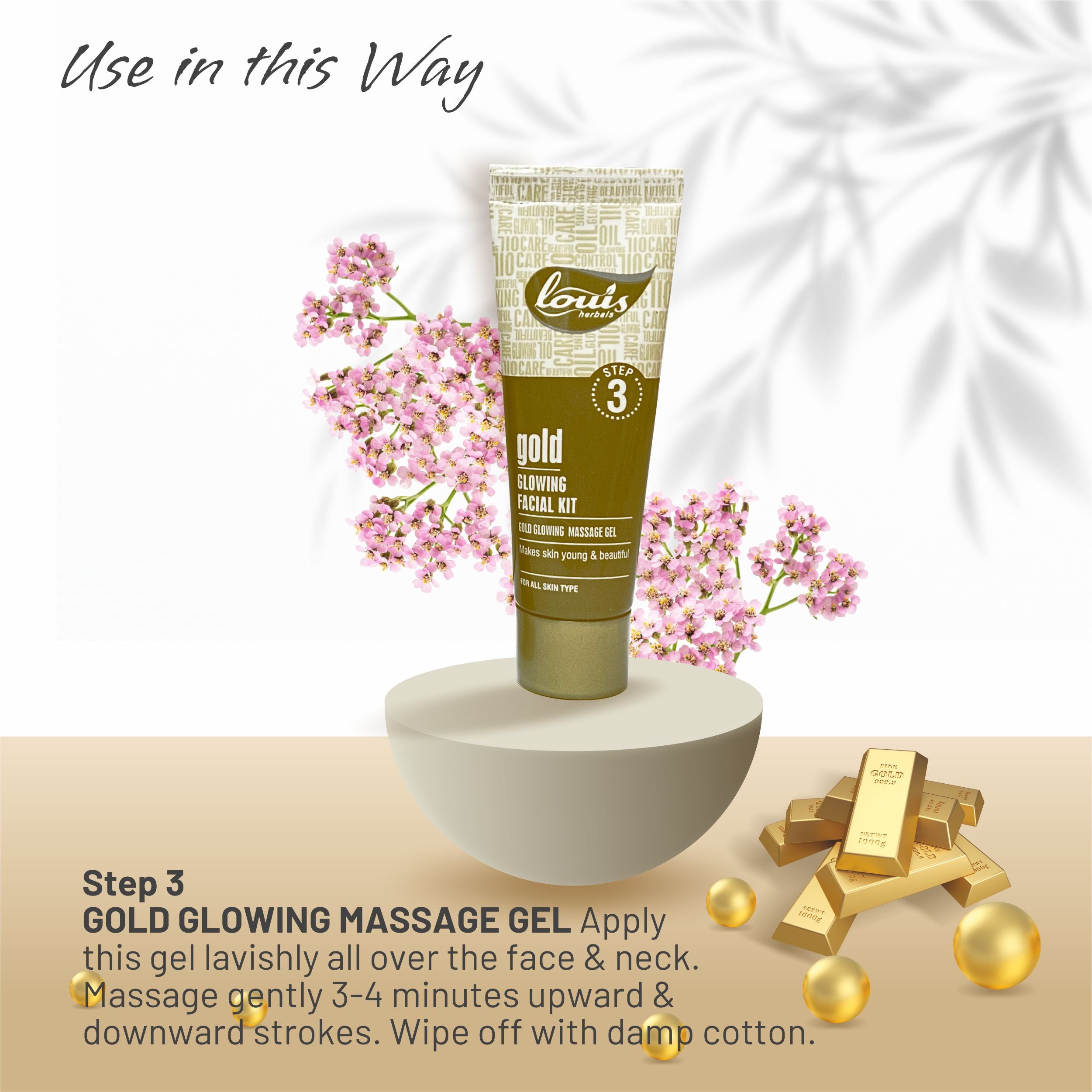 Gold Facial Kit-Louis Herbals Gold Glowing Massage Gel fruit-enzyme and gold infusion for circulation
