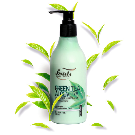 Louis Herbals Green Tea Aloe Vera Oil Control & Hydration Body Lotion 300 ml – Moisturizing lotion with green tea extract, aloe vera, licorice, and shea butter for oil control and hydration.