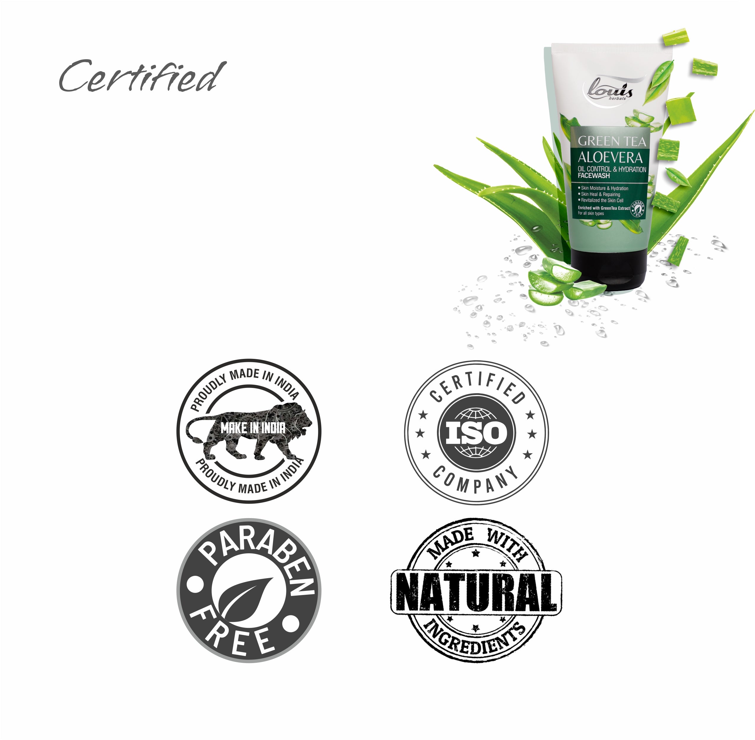 Paraben-free certified natural product image Louis Herbals Green Tea Aloe Vera Oil Control & Hydration Face Wash boasting soap-free and herbal formula
