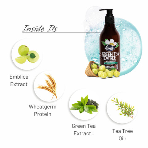 Louis Herbals Green Tea & Tea Tree Anti-Dandruff Shampoo key ingredients green tea extract, tea tree oil, natural botanicals for scalp health