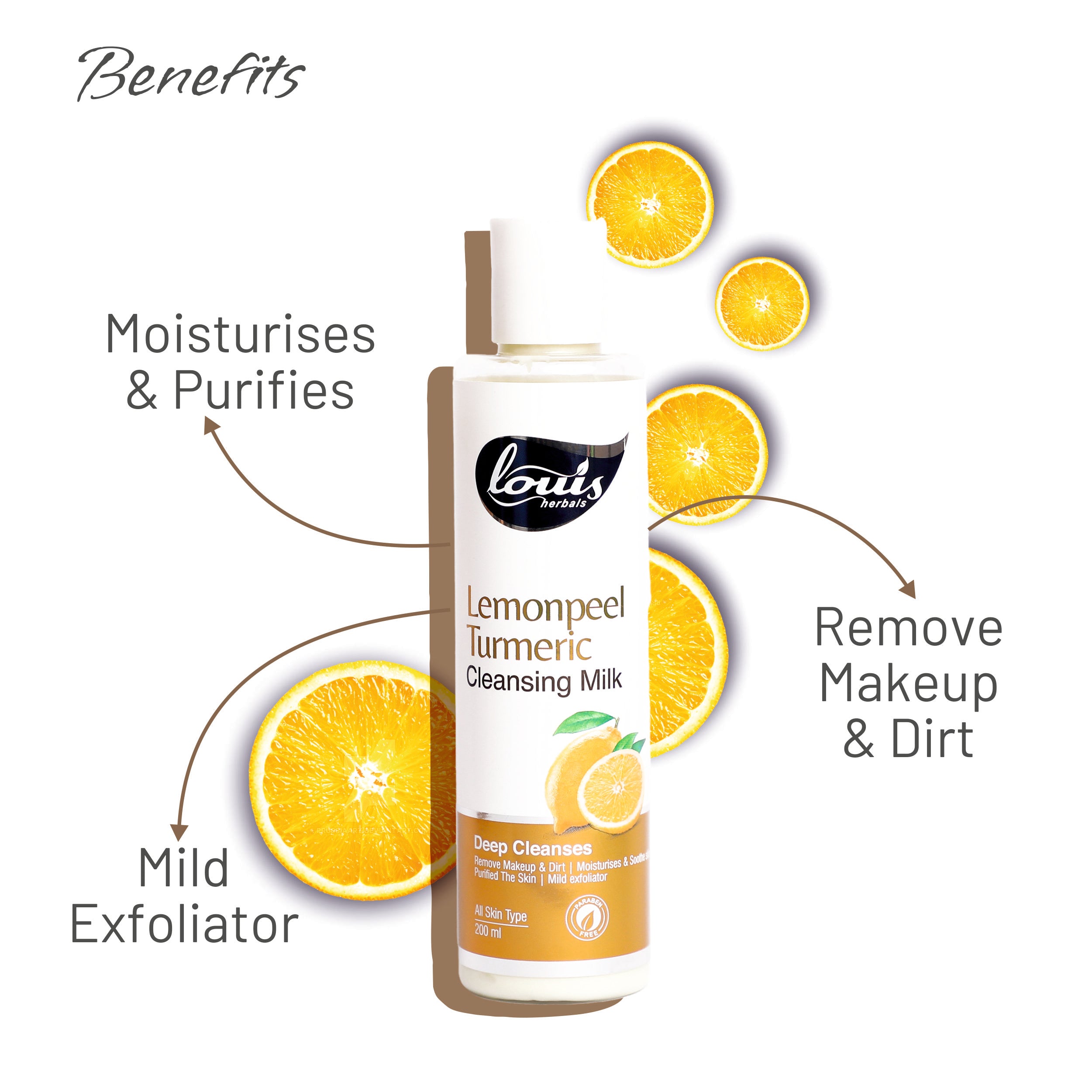 Benefits of using Louis Herbals Lemonpeel Turmeric Cleansing Milk: detoxifies pores, removes makeup, brightens skin and improves elasticity