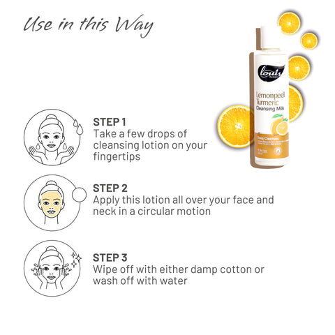 How to use Louis Herbals Lemonpeel Turmeric Cleansing Milk: apply cleansing milk on face and neck, massage gently in circular motion to remove makeup and dirt