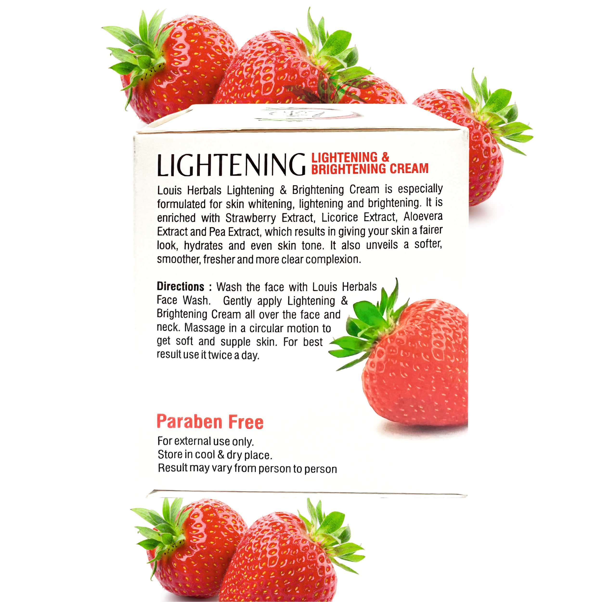 Louis Herbals Lightening & Brightening Cream packaging displaying product details and usage instructions