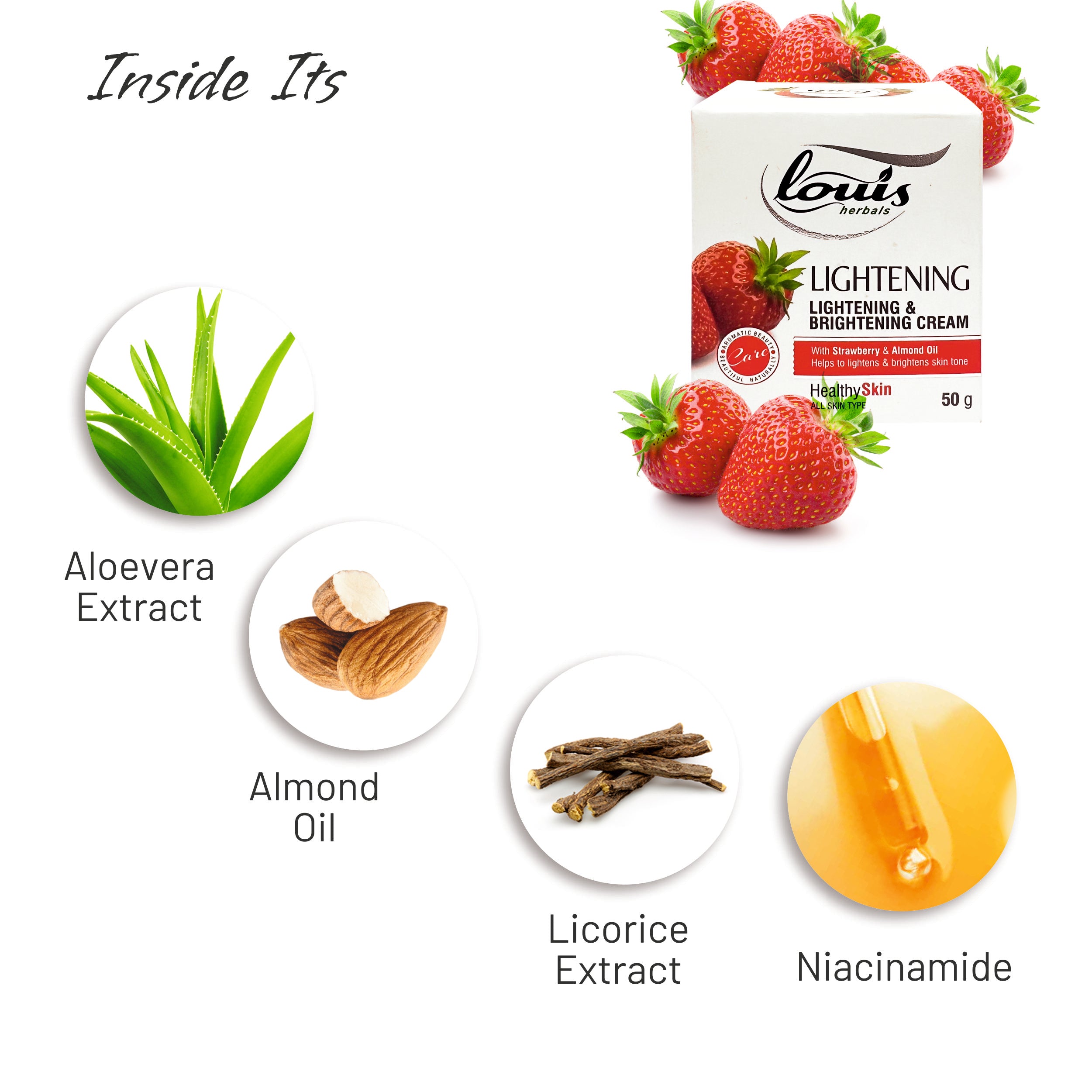 Key ingredients in Louis Herbals Lightening Cream: strawberry extract, licorice extract, aloe vera extract, and pea extract for even skin tone