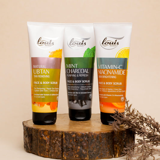 Louis Herbals Body Scrub Combo – Mint Charcoal, Vitamin C Niacinamide & Natural Ubtan Exfoliating Face & Body Scrub