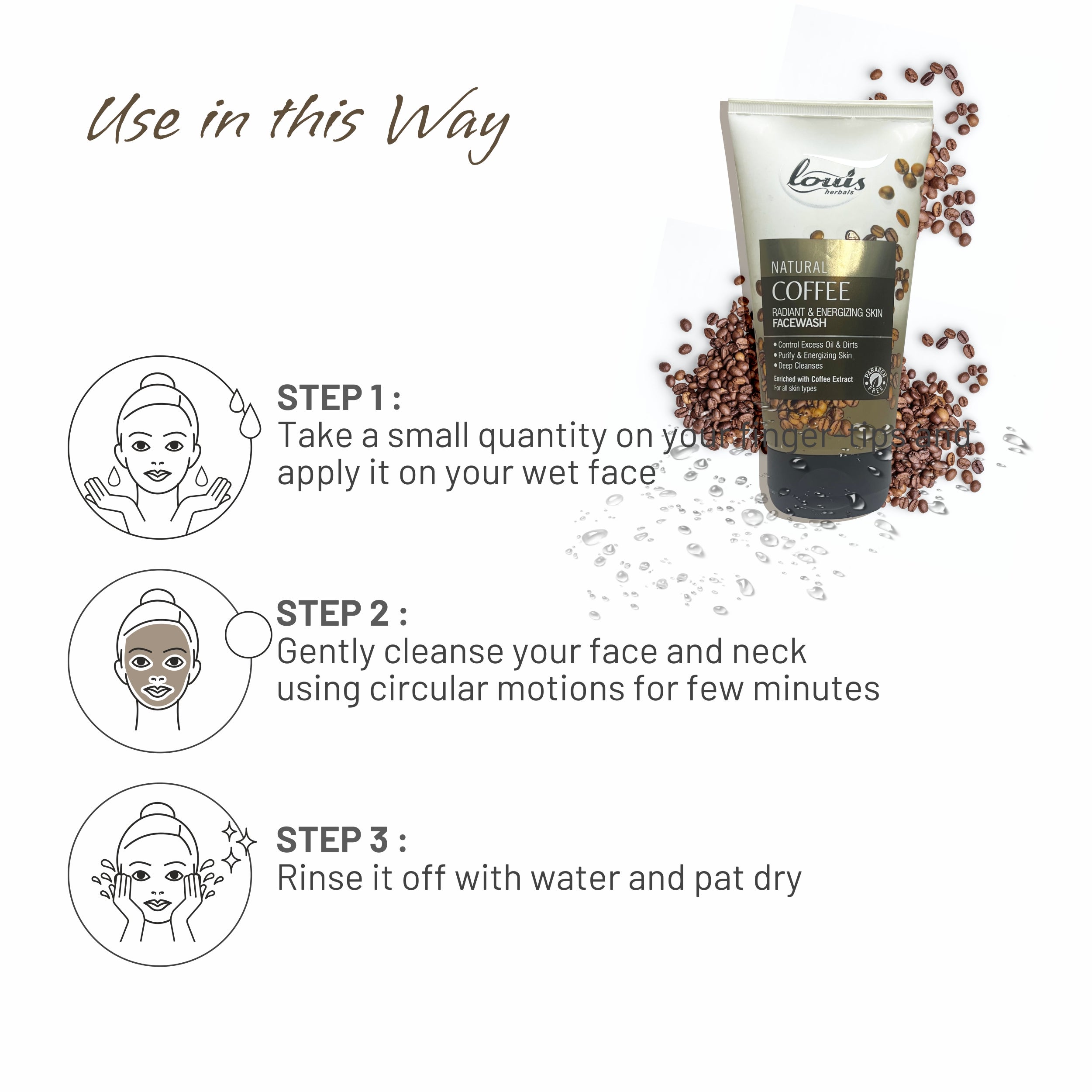 How to use Louis Herbals Natural Coffee Radiant & Energizing Face Wash: apply on wet face, gently massage, rinse off to energize and refresh skin