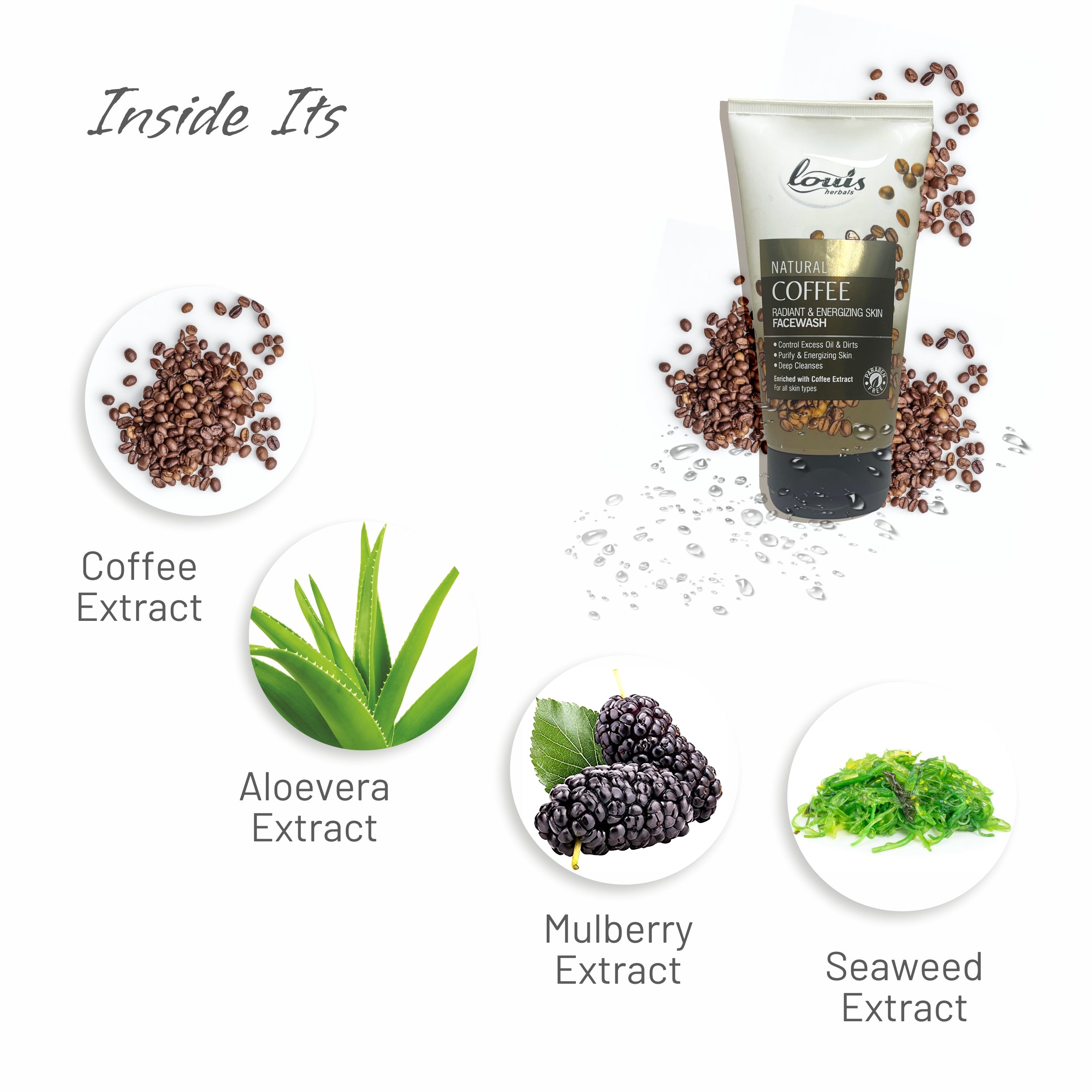 Louis Herbals Natural Coffee Radiant & Energizing Face Wash enriched with aloe vera extract, seaweed extract and turmeric for antioxidant skin revitalisation