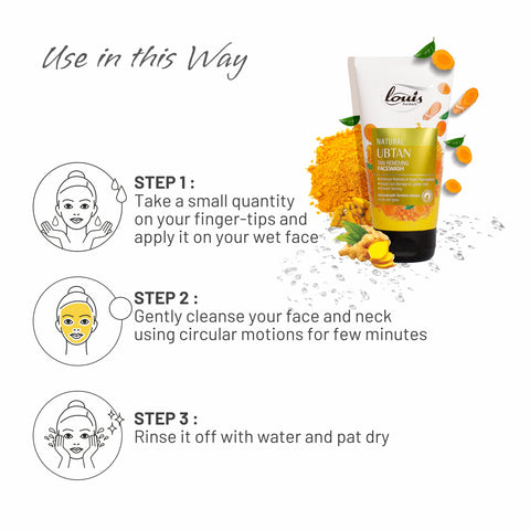 Louis Herbals Natural Ubtan Tan Removing Face Wash usage instructions graphic apply on wet face, massage gently, rinse for radiant skin