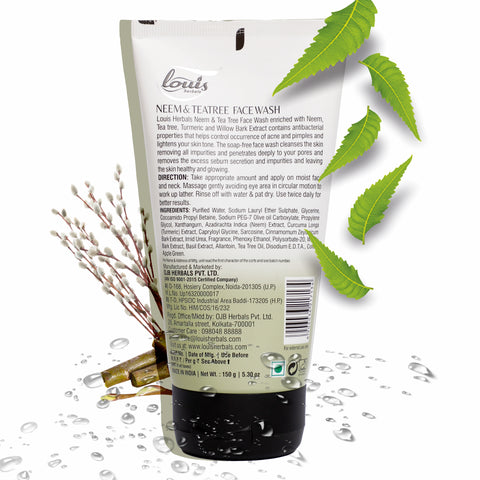 Louis Herbals Neem Tea Tree Face Wash packaging highlighting antibacterial and skin-purifying properties