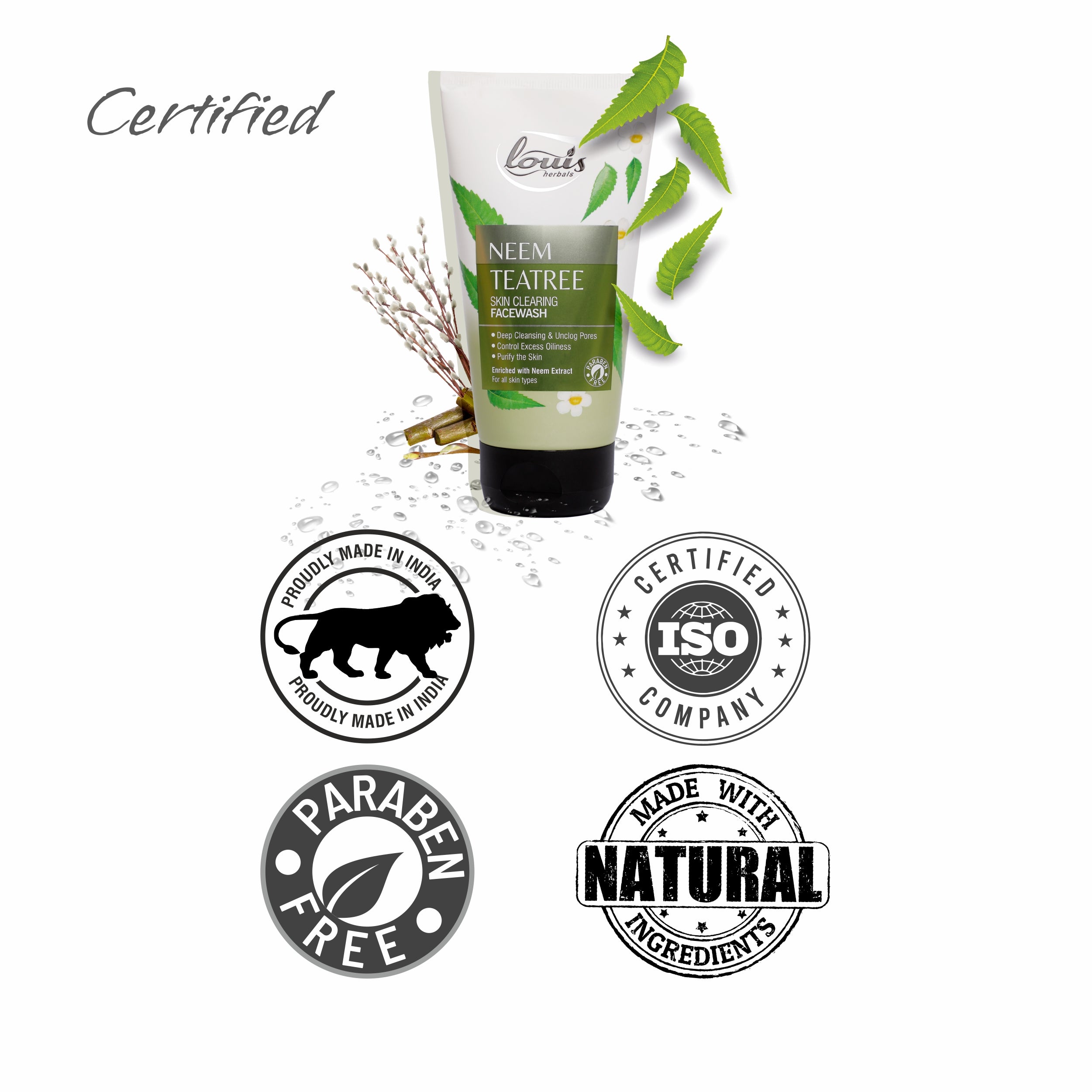 Certification and claims of Neem Tea Tree Face Wash – soap-free formula, suitable for oily and acne-prone skin, dermatologically tested