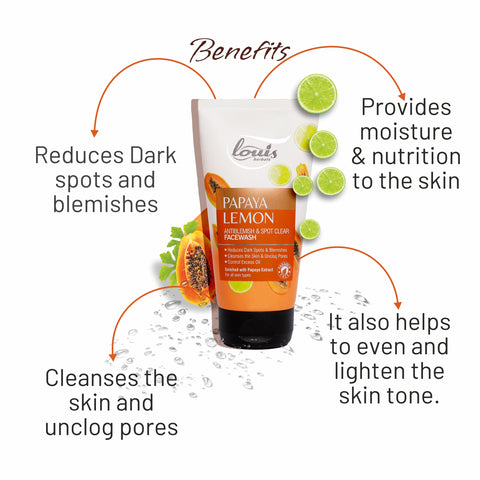 Benefits of using Louis Herbals Papaya Lemon Anti-Blemish Spot Clear Face Wash: reduces blemishes, scars, and blackheads, evens and lightens skin tone