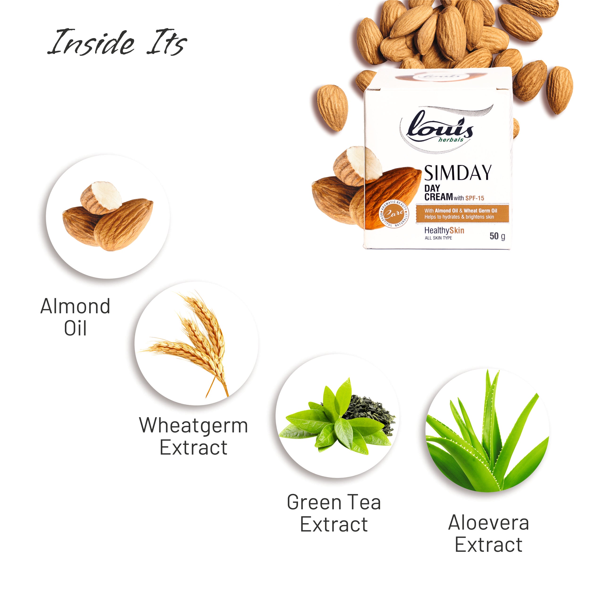 Key ingredients in Louis Herbals Simday Day Cream: almond oil, aloe vera extract, green tea extract, and olive leaf extract for skin brightening and hydration
