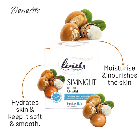 Benefits of using Louis Herbals Simnight Night Cream: deeply hydrates, nourishes skin, improves skin texture, and provides a smoother complexion