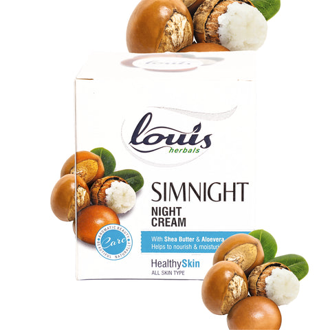 Louis Herbals Simnight Night Cream with wheat germ oil, aloe vera extract, chamomile extract, witch hazel extract, and vitamin E for deep hydration and skin nourishment