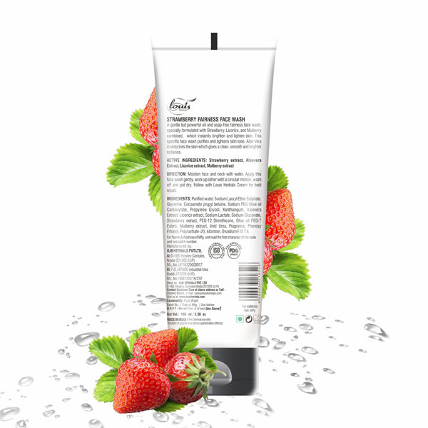 Louis Herbals Strawberry Fairness Face Wash tube showing ingredients and usage