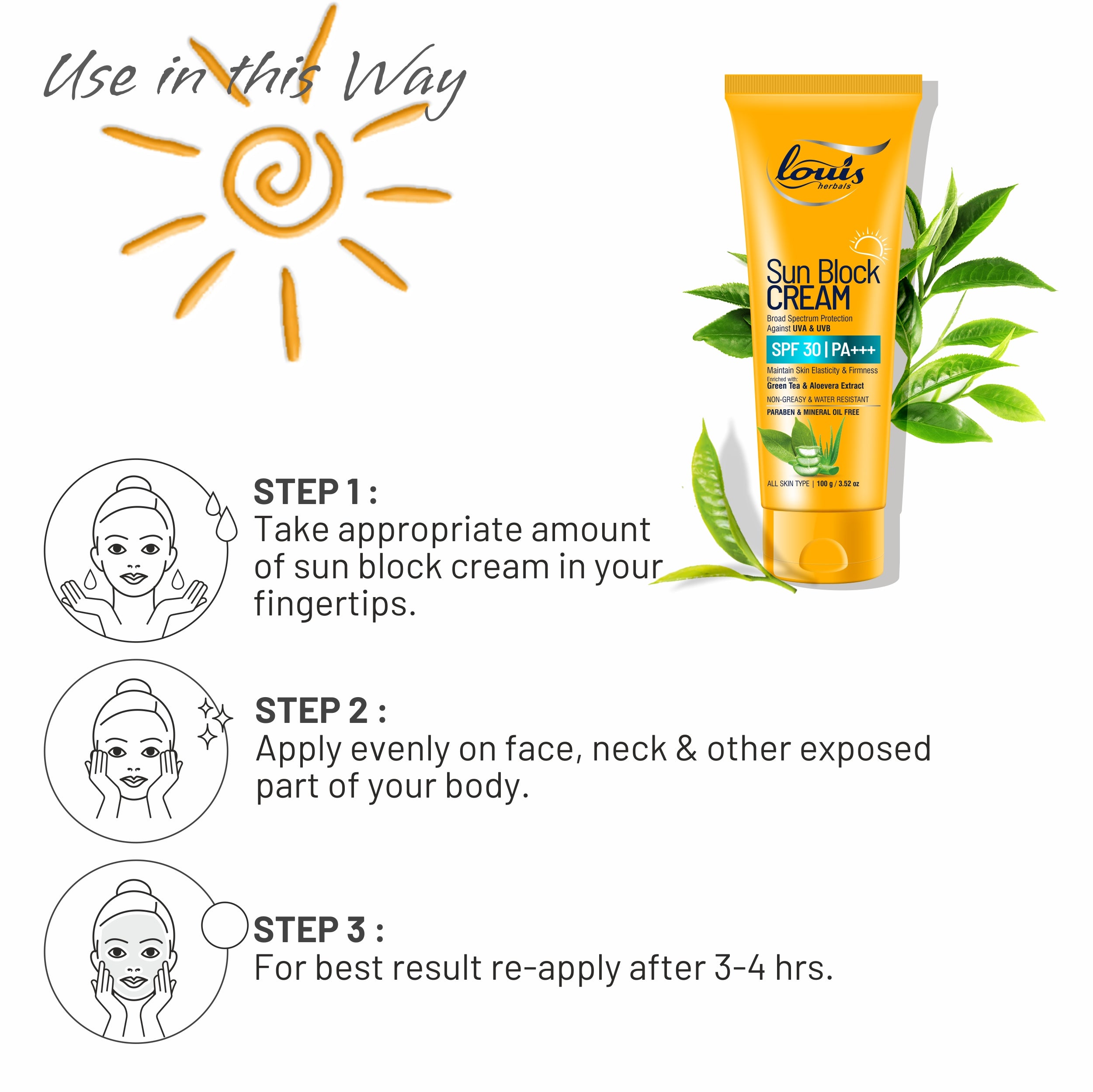 Louis Herbals Sun Block Cream SPF 30 step-by-step application guide for effective sun protection