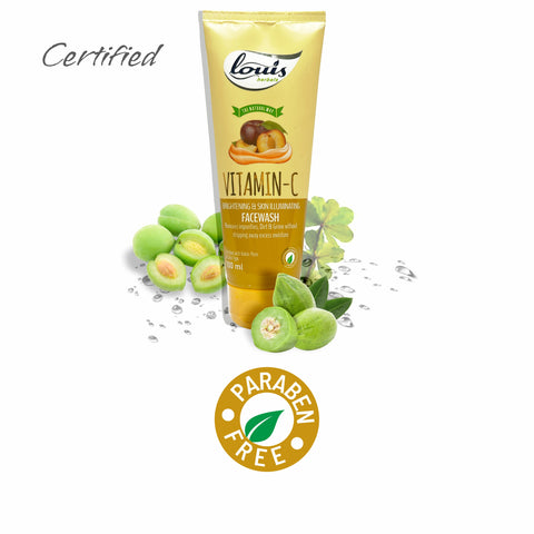 Certification and claims for Louis Herbals Vitamin-C Brightening & Skin Illuminating Facewash – paraben-free, enriched with natural extracts, dermatologically tested