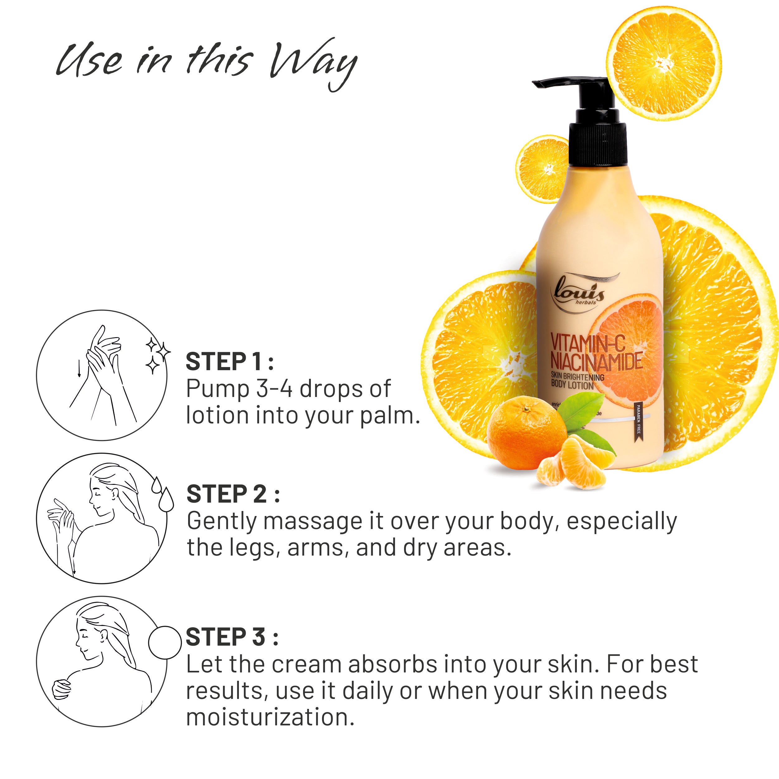 Louis Herbals Vitamin C Niacinamide Skin Brightening Body Lotion 300 ml – aloe vera extract, licorice extract, 3-O ethyl ascorbic acid for luminous skin