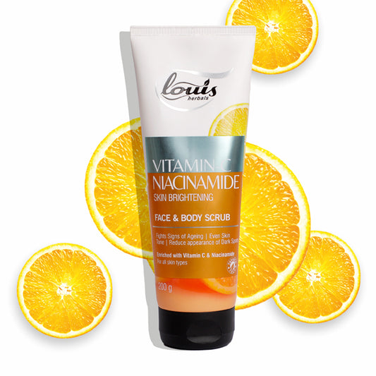Louis Herbals Vitamin C Niacinamide Skin Brightening Face & Body Scrub with micro-granules for exfoliation and deep pore cleansing