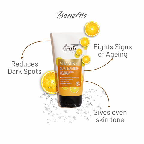 Benefits of using Louis Herbals Vitamin C Niacinamide Skin Brightening Face Wash: reduces dark spots, fights signs of ageing, gives a brighter and even complexion